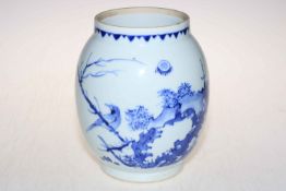 Chinese blue and white transitional period vase decorated with bird in floral landscape, 21.5cm.