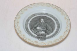Chinese plate decorated with image of Petrus Boudaan (1666-1734) and gilt border, 22cm diameter.