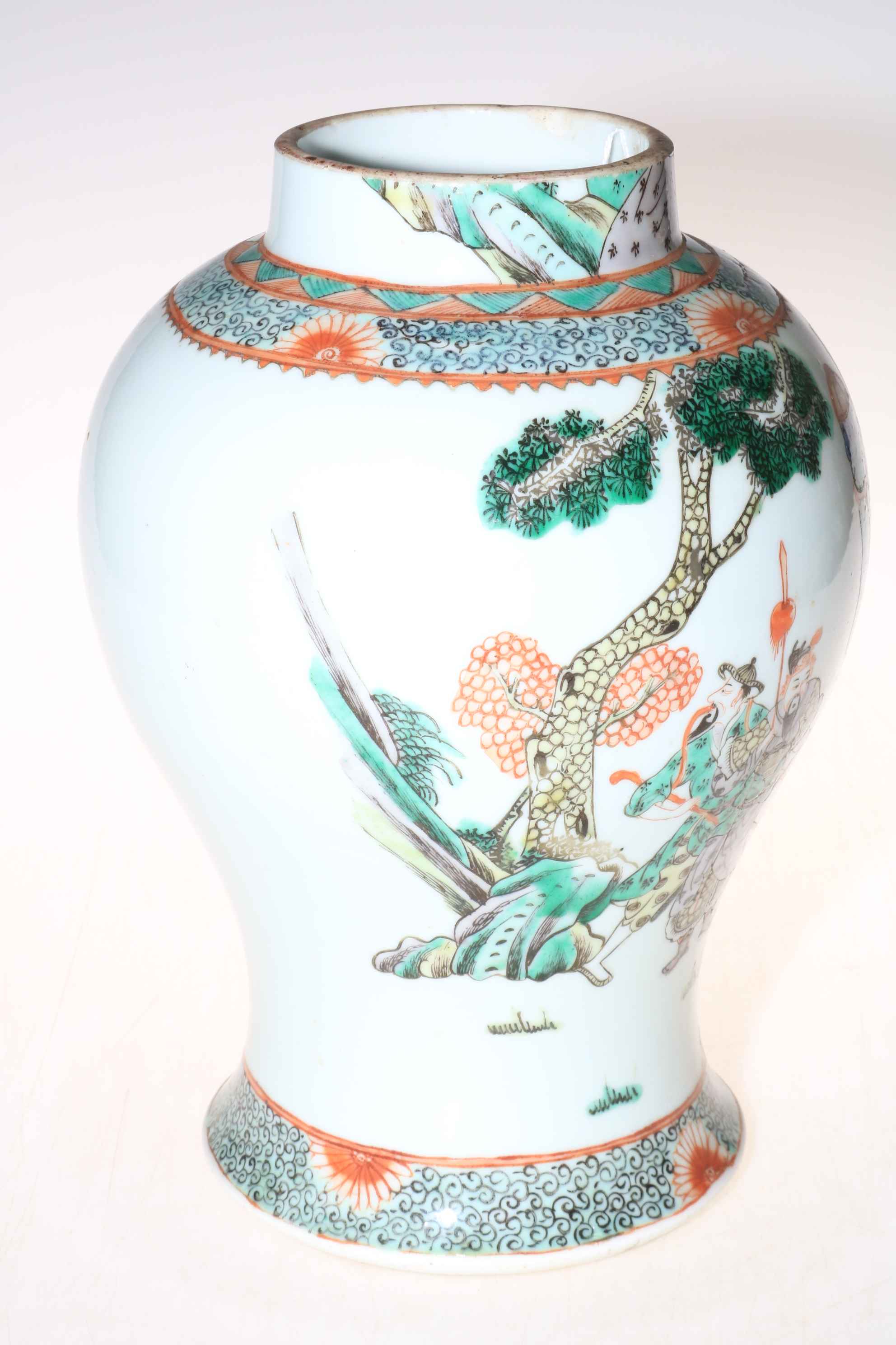 A 19th Century Chinese Famille Vert ovoid vase decorated with figures, double circle mark to base, - Image 3 of 4