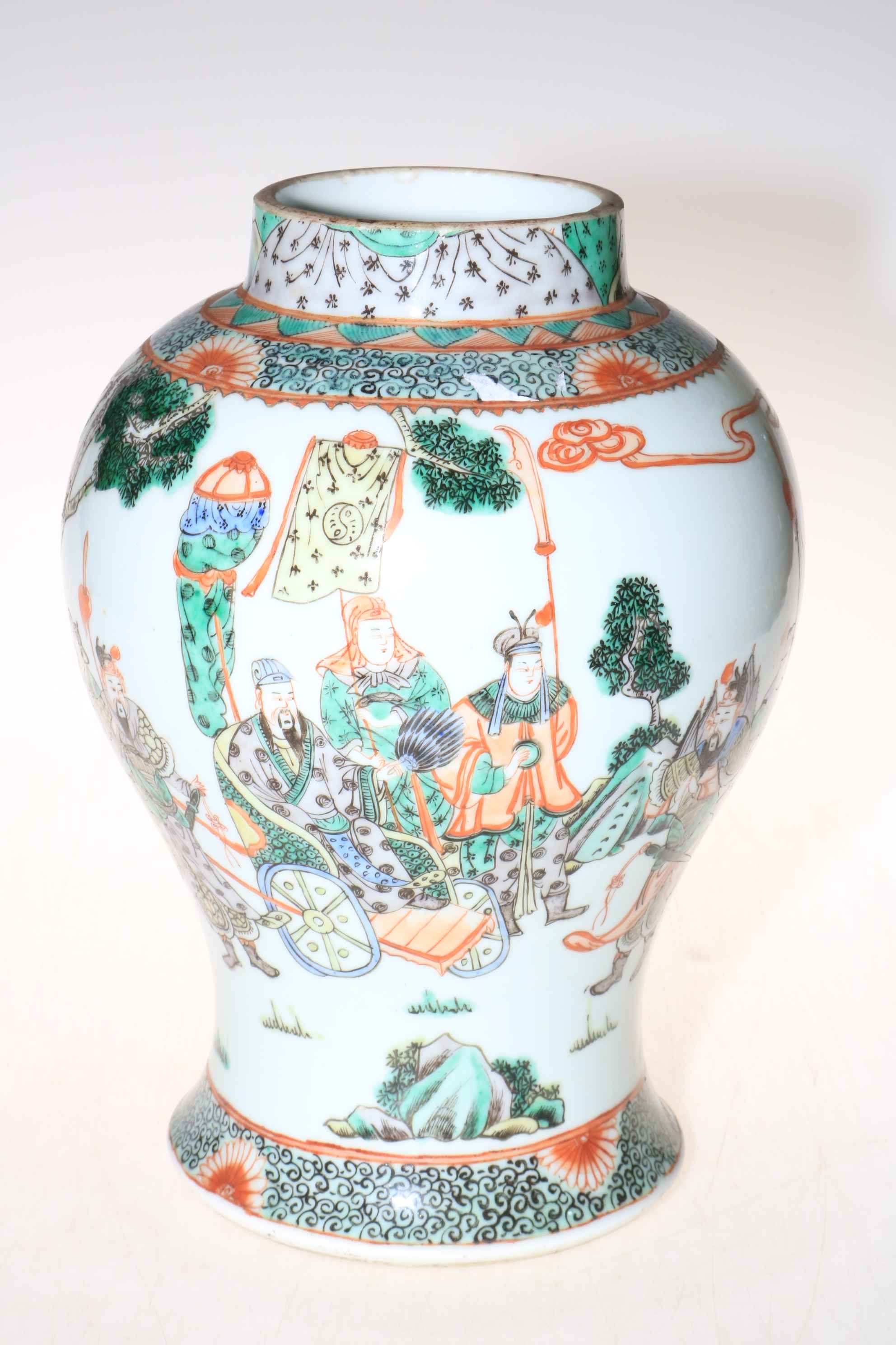 A 19th Century Chinese Famille Vert ovoid vase decorated with figures, double circle mark to base,
