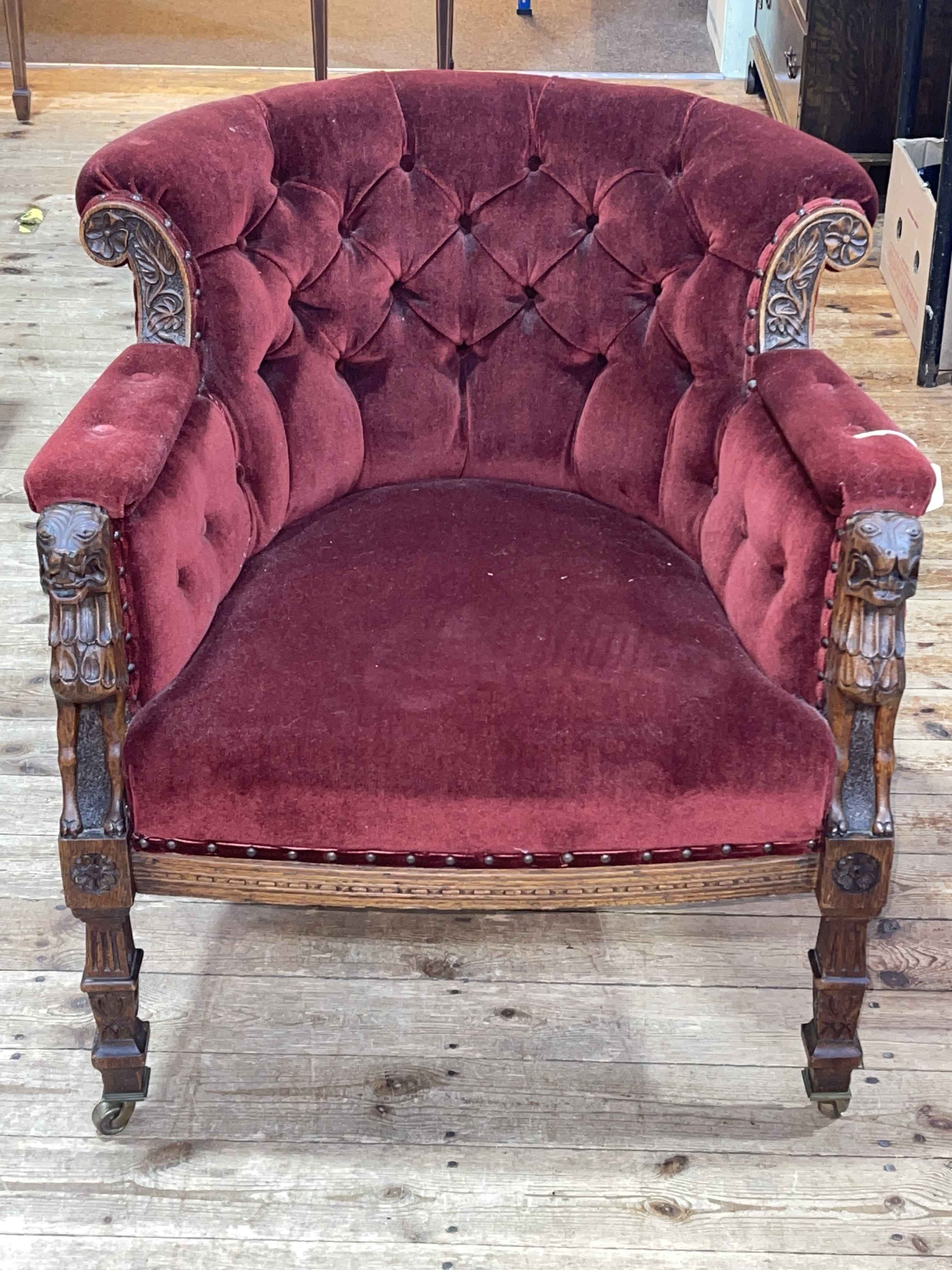 Victorian oak carved framed tub chair in wine buttoned draylon. - Image 3 of 3