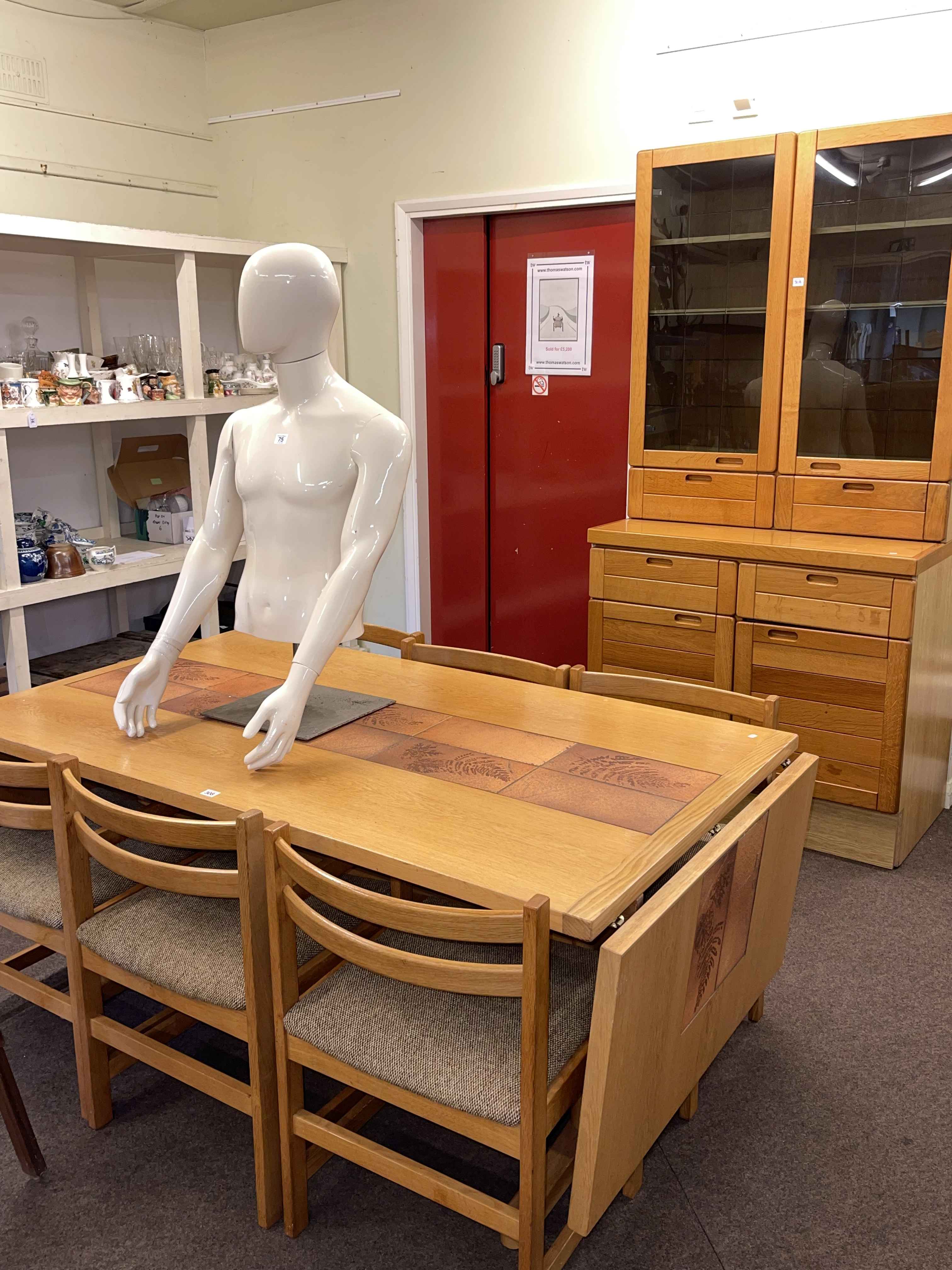 1970's Danish Vantinge Mobelindustri oak and part tiled top drop end dining table and six chairs