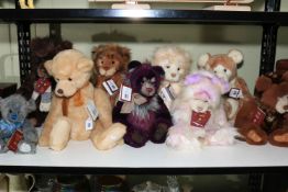 Nine Charlie Bears including Errol, Willamena, Bessie, Wiley, etc.