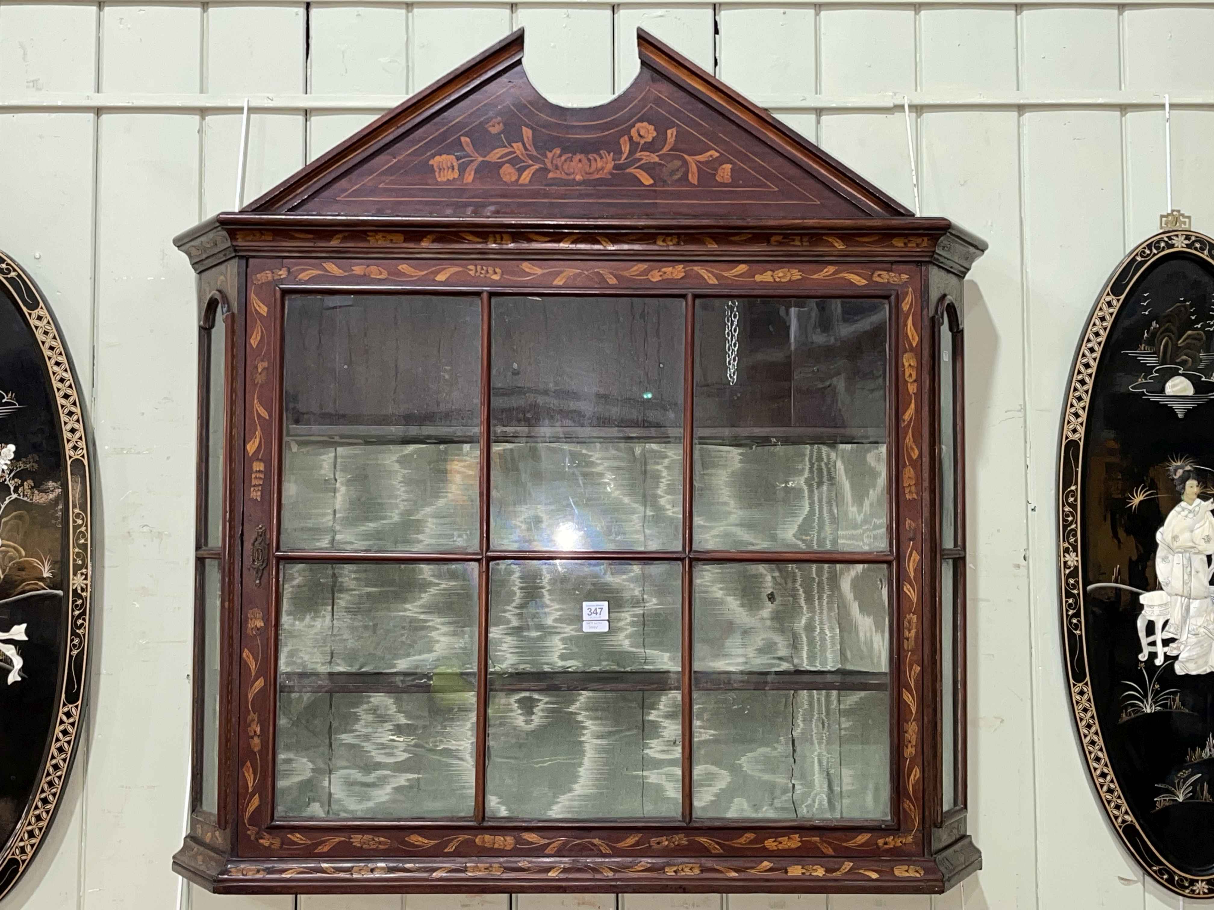 Victorian marquetry inlaid glazed panel wall cabinet with canted corners, 108cm by 108cm by 25cm. - Image 2 of 2