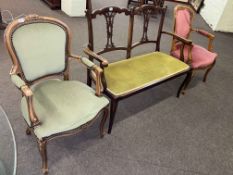 Edwardian parlour settee and pair French style fauteuils (one in need of re-upholstery).