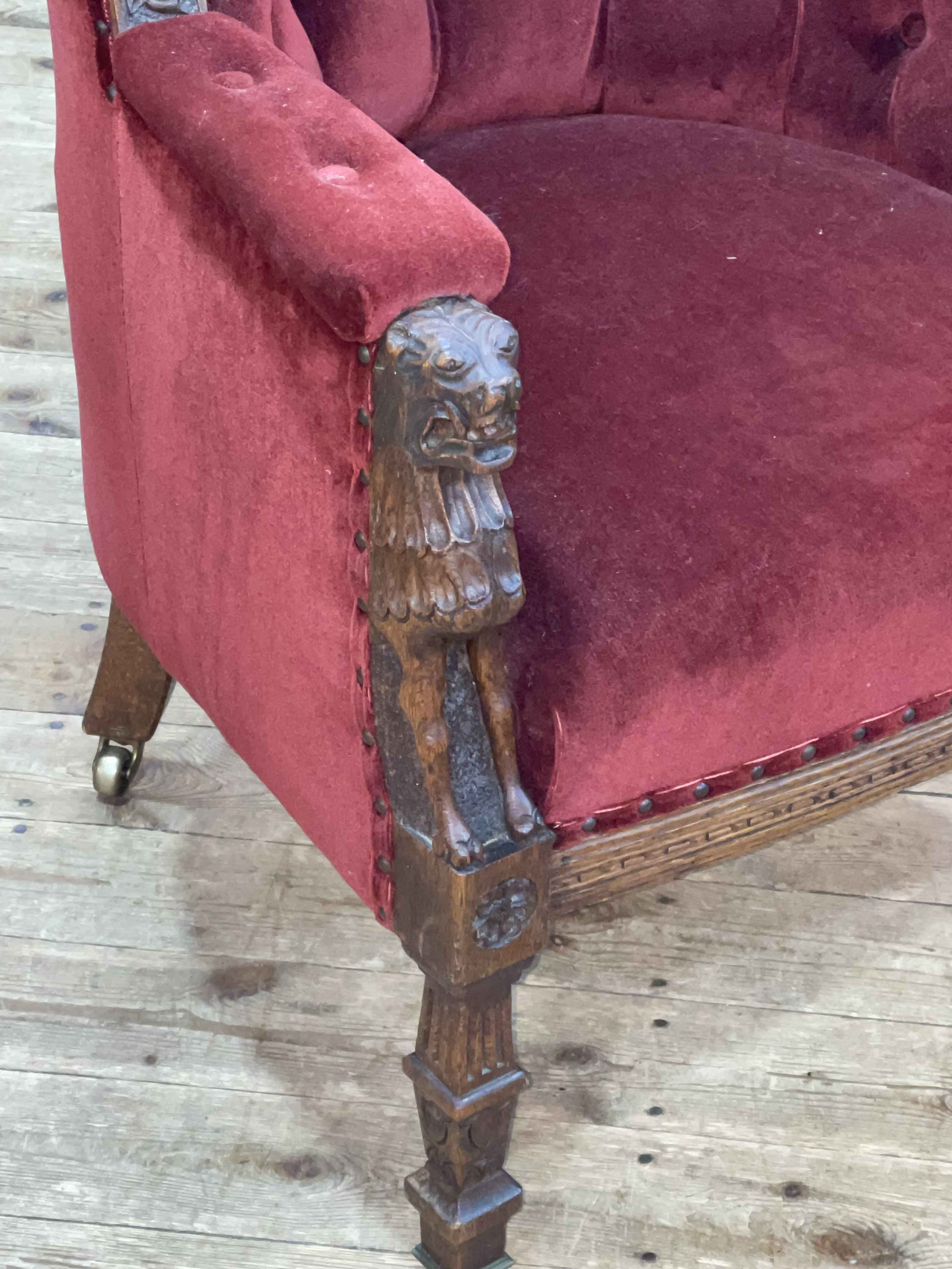 Victorian oak carved framed tub chair in wine buttoned draylon. - Image 2 of 3