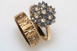 Sapphire and diamond petal design cluster ring set in 9 carat yellow gold,
