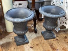Pair cast Campana style garden urns, 47cm by 37cm diameter.