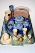 Twelve Spode crescent shaped dishes, Wedgwood Blue Jasperware, Crown Devon John Peel tankard,