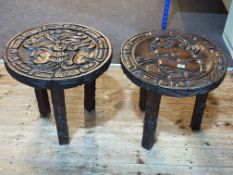 Pair Ethnic carved circular hardwood tables, 47cm by 49cm diameter.