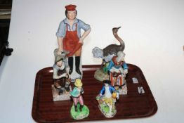 Staffordshire Blacksmith figure, Dresden figure, Ostrich figure and three others.