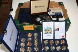 Box of assorted coinage inc: Cased set of 24 x Reflections of a Reign Coin Collection 24ct gold