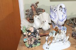 Collection of Capo di Monte figurines including doves, Continental hunting scene, swan planter, etc.