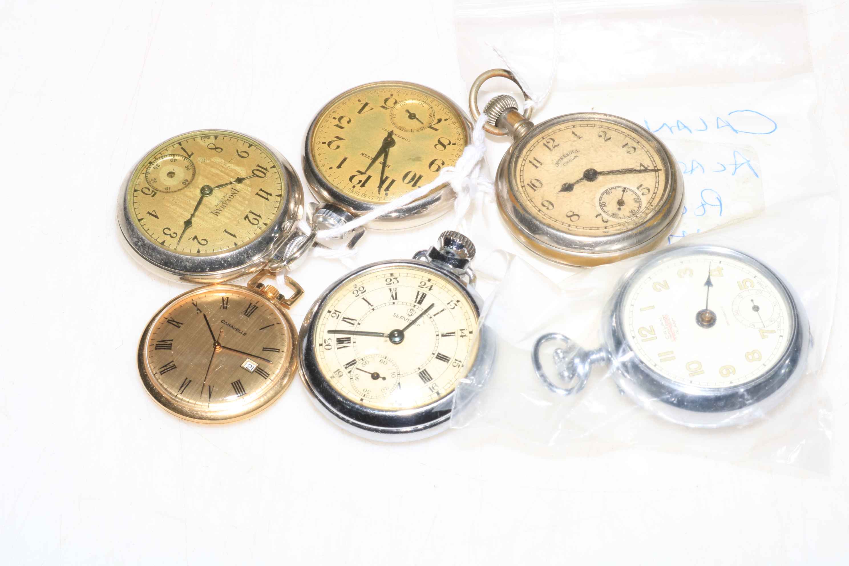 Six assorted pocket watches.