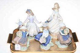 Five Lladro figures including Alice in Wonderland, Cinderella and three girls with flower baskets.