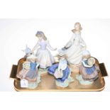 Five Lladro figures including Alice in Wonderland, Cinderella and three girls with flower baskets.