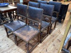 Set of six 18th/19th Century European studded hide dining chairs (evidence of woodworm,