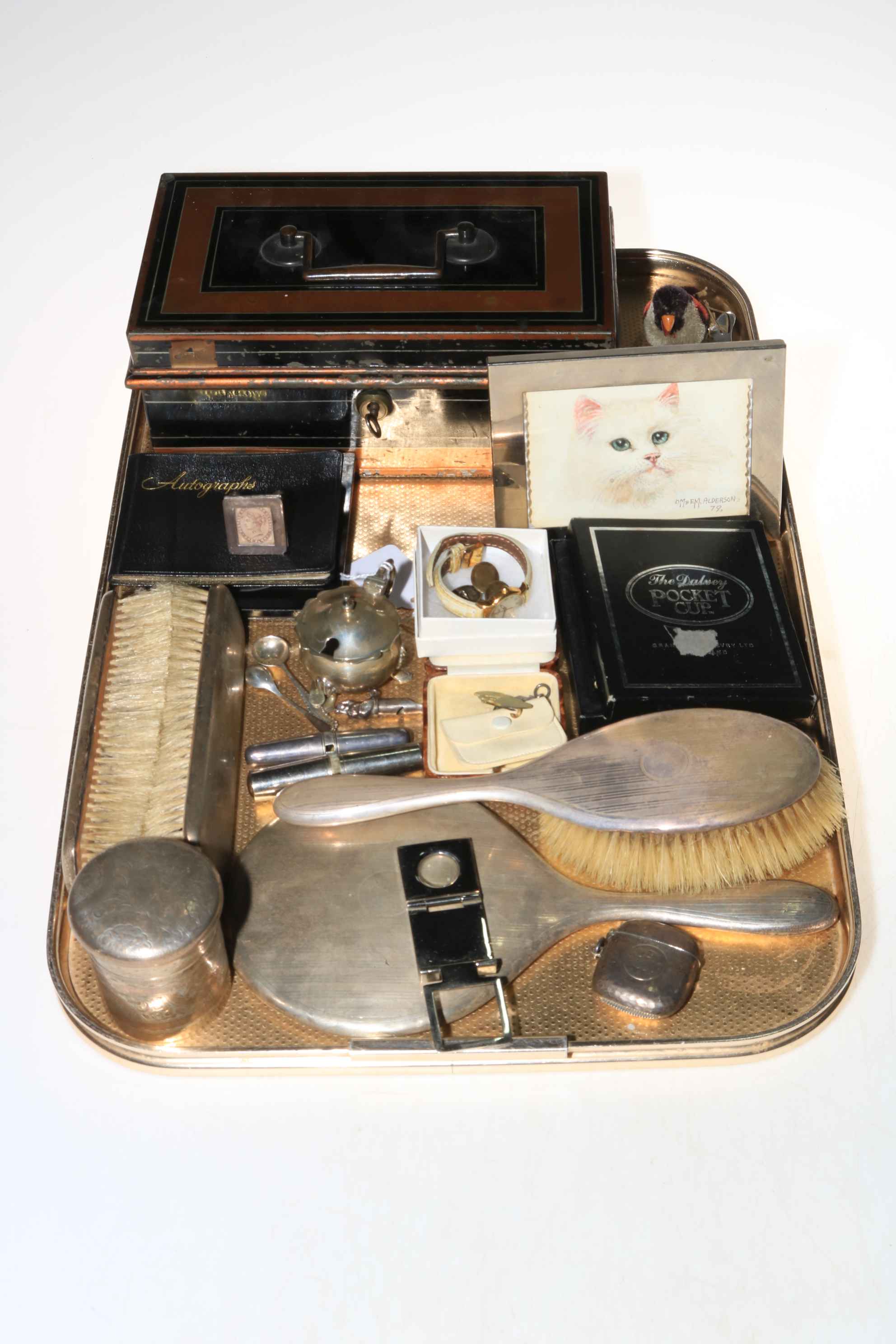 Silver backed mirror and brush set, vesta case, mustard, cash tin and coins,