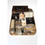 Silver backed mirror and brush set, vesta case, mustard, cash tin and coins,