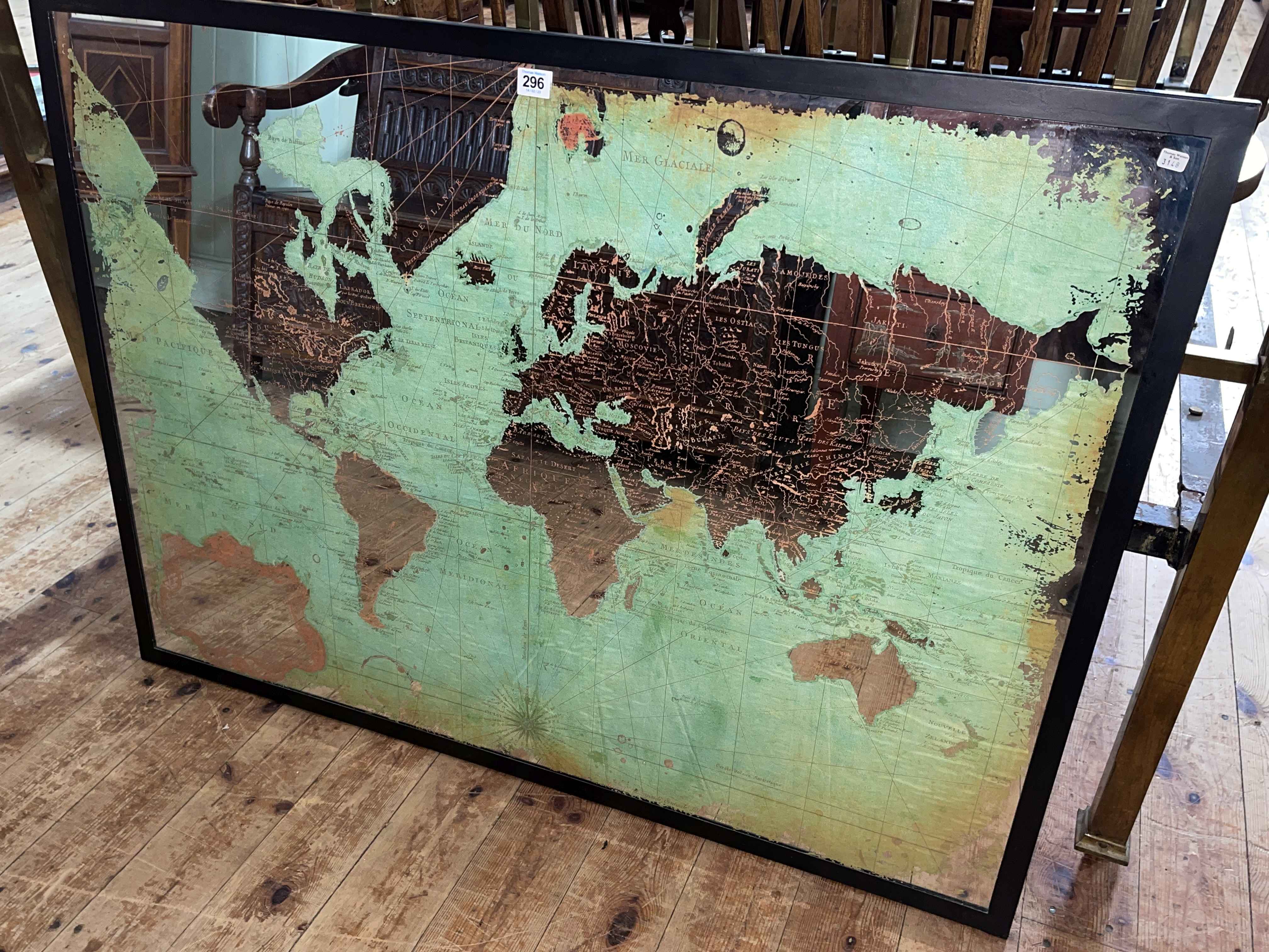 Framed French terrestrial map-mirror, 83.5cm by 113cm including frame.