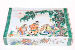 Good Chinese pillow vase decorated with bird and figures in landscape, 33cm by 22cm by 6cm.