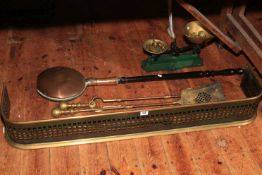 Victorian brass fender, scales with weights, fire accessories, etc.