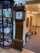 Antique oak and mahogany 30 hour longcase clock having square painted moon phase dial, 235cm.