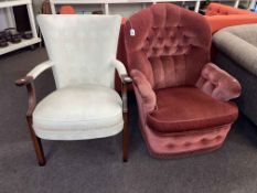 Occasional/nursing chair in pink buttoned draylon and occasional armchair (2).
