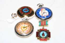 Three Soviet Union pocket watches and Chernobyl medal (4).