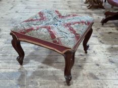 Victorian mahogany cabriole leg stool with needlework and beadwork seat, 45cm by 59cm by 59cm.