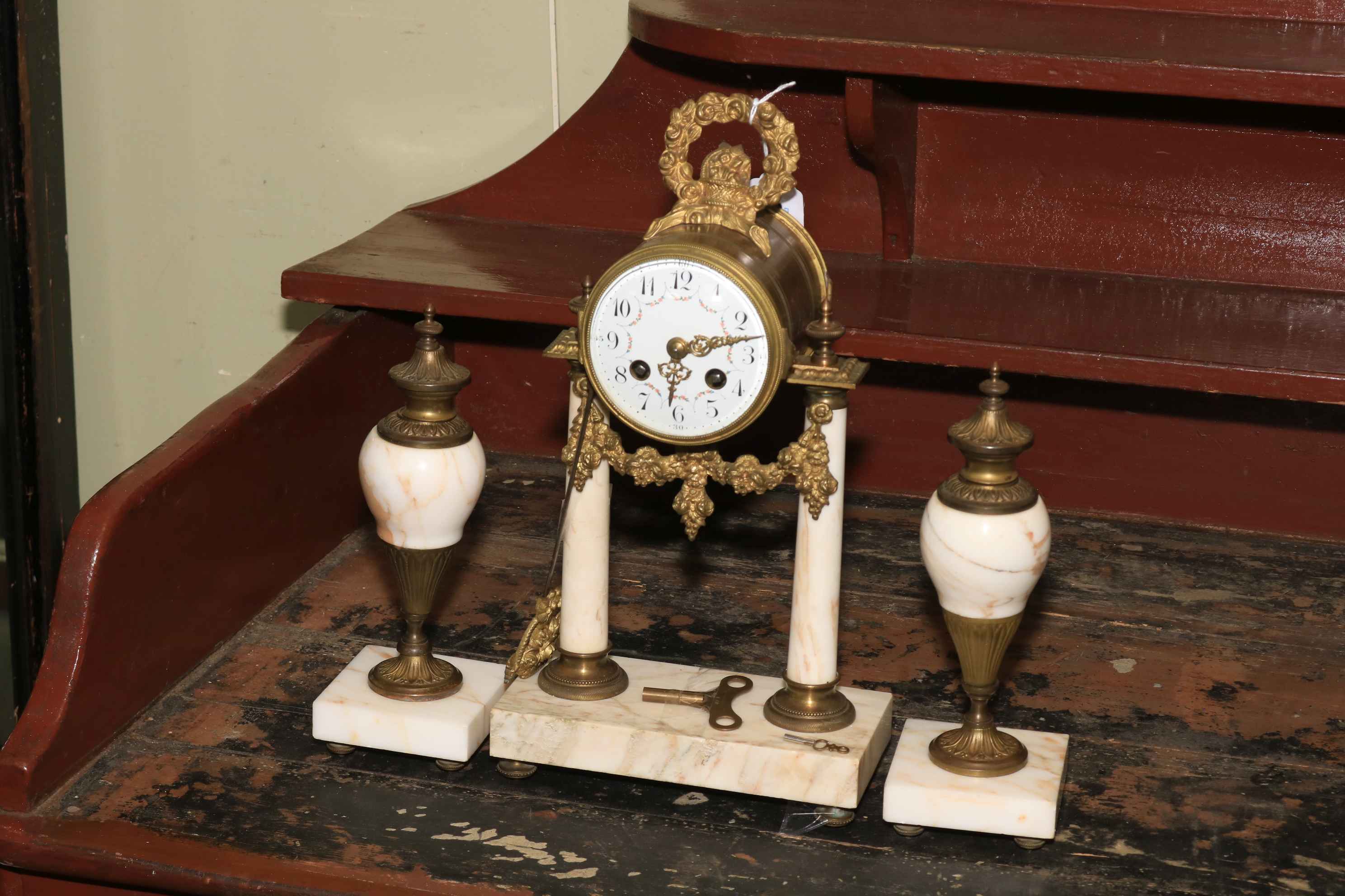 Ornate French ormolu clock garniture set, clock with floral hoop finial, clock 39cm high.