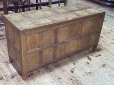Sid Pollard? panelled oak blanket box/storage chest, 56cm by 108cm by 39cm.