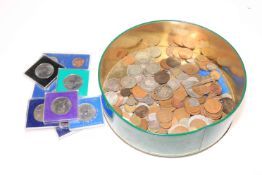 Tin of coinage including pre 1947 silver GB coins, 1929 silver Netherlands 2 1/2 gulden,