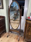 19th Century oval mahogany bevelled cheval mirror, 176cm by 69cm.