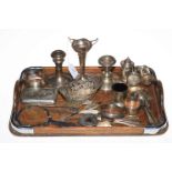 Collection of silver items including vase, candlesticks, spoons, Continental basket,