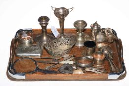 Collection of silver items including vase, candlesticks, spoons, Continental basket,