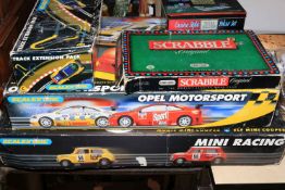 Scalextric Opel Motorsport and Mini Racing sets and track, poker set and scrabble.