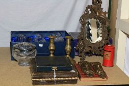 Ornate cast metal vintage mirror, PO money box, Rockingham crystal, cased cutlery, etc.