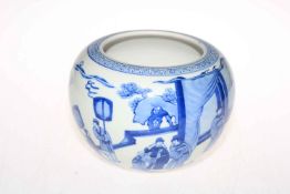 Chinese blue and white jardiniere decorated with figures in landscape, six character mark to base,