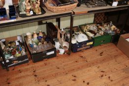 Five boxes of decorative porcelain, chess board and pieces, glass, display cabinet, table lamp, etc.