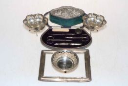 Three small silver bon bon dishes, manicure set, pin cushion and part silver frame.