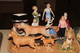 Six Doulton figures including Bedtime, Doulton Beefeater character jug, Beswick dogs, etc.