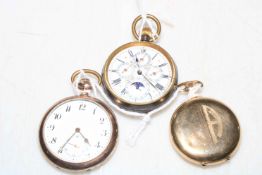 Elgin gold plated pocket watch, gun metal moon phase pocket watch and another.