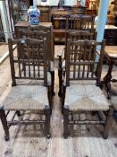 Set of six antique Lancashire rush seated dining chairs including one carver,