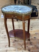 Marble topped kidney shaped single drawer two tier occasional table, 68cm by 44.5cm by 26.5cm.