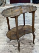 Late Victorian/Edwardian inlaid mahogany kidney shaped two tier table, 72cm by 65cm by 37cm.