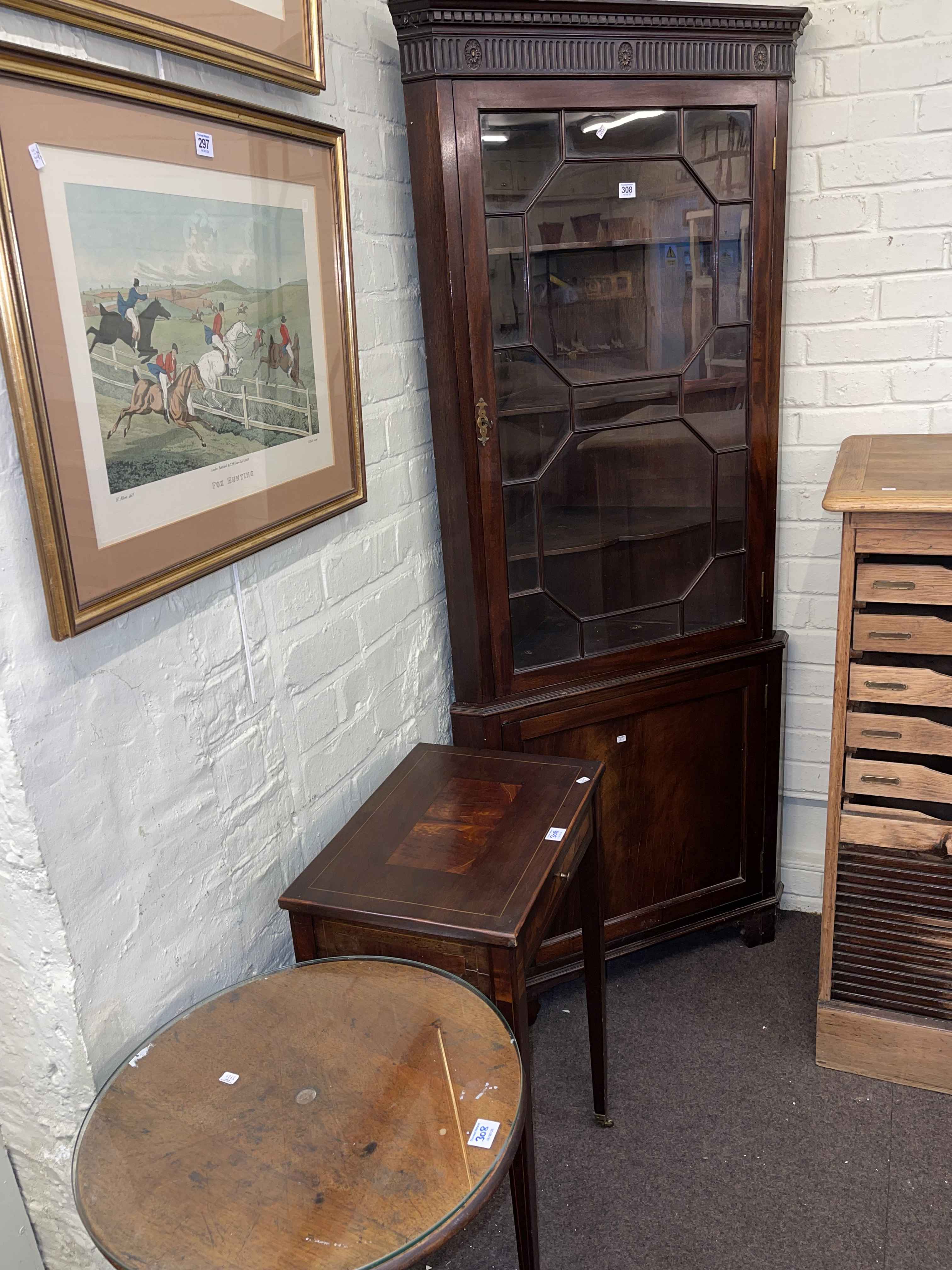 Mahogany astragal glazed top standing corner cabinet,