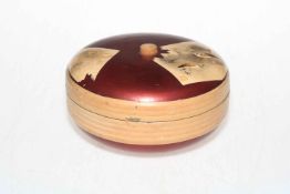 Japanese lacquered wood circular box decorated with birds on bamboo, signed and red seal mark.
