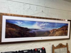 Large contemporary framed coastal scene photograph, 55cm by 190cm, including frame.