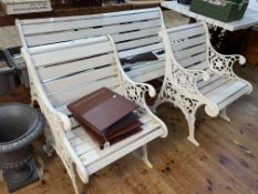 Cast and wood slat garden bench and two chairs (bench 75cm by 139cm).